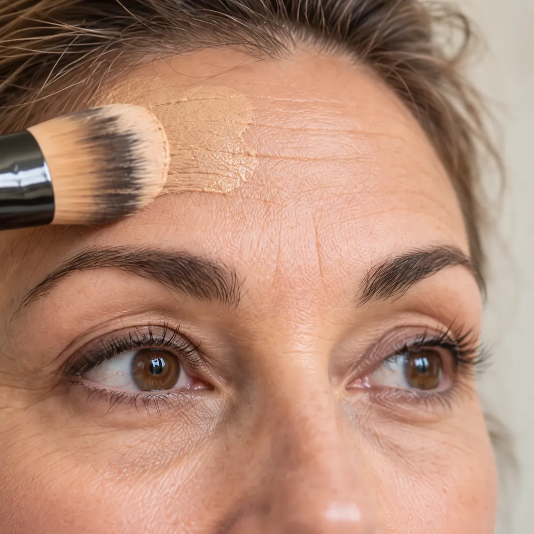 Close-up of a foundation brush passing over fine forehead lines